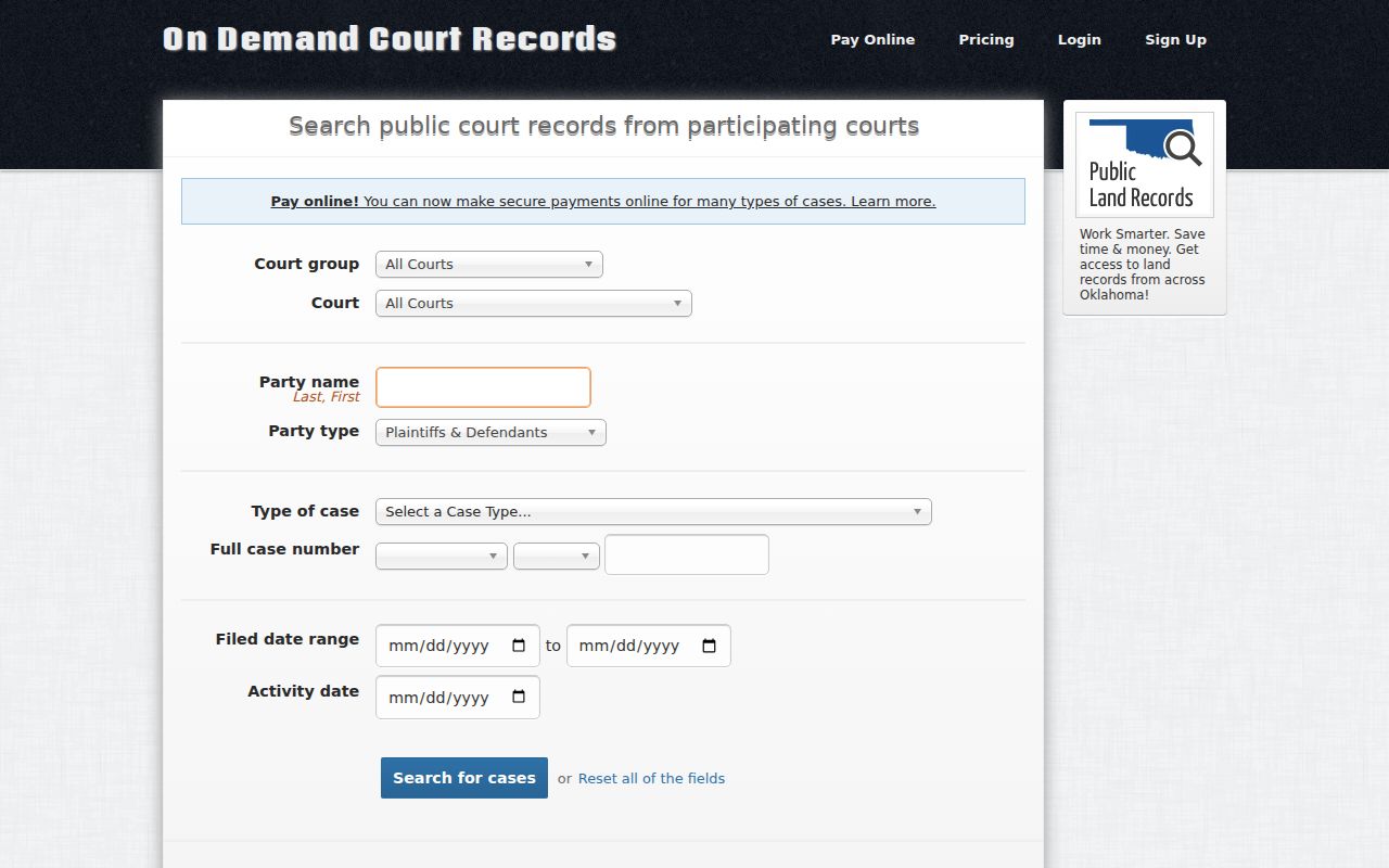 Garvin County ODCR court search fields for warrant records